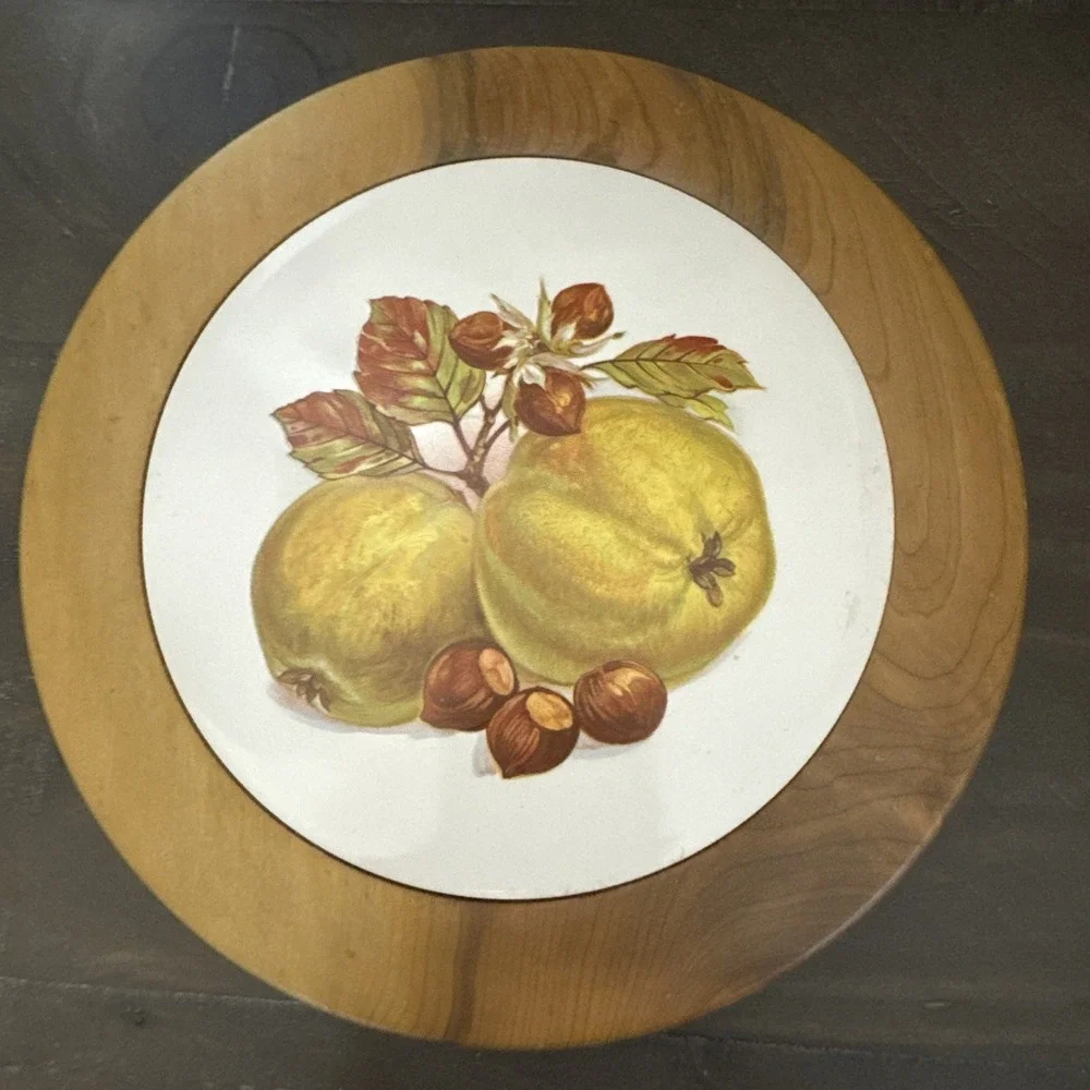 Vintage Fruit/Nut Wood and Tile Trivet Hot Plate  Hanging Wall Decor  Myrtlewood
